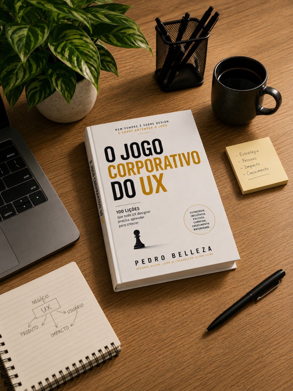 O livro O Jogo Corporativo do UX sobre uma mesa de trabalho, ao lado de um notebook e uma xícara de café